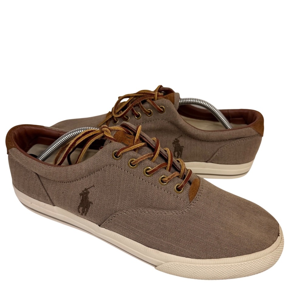 Polo Ralph Lauren Vaughn Mens 11.5D Tan Herringbone Chambray Suede Sneakers
